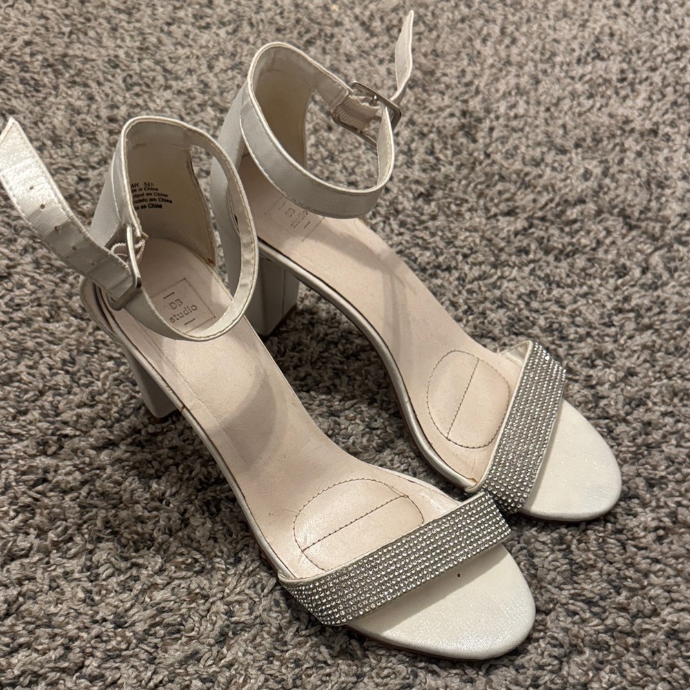 David's Bridal White and Silver Block Heels